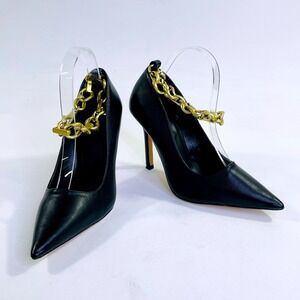 Express Black Pointed Toe Pumps Gold Chain Ankle Strap Stiletto Heels Size 7